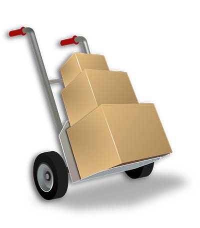 moving dolly with three boxes that get progressively bigger towards the bottom of the stack.