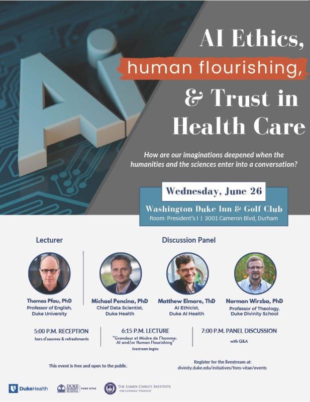 Ad for Al Ethics, human flourishing, & Trust in Health Care event