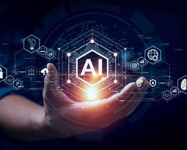 Hand supporting the word "AI"