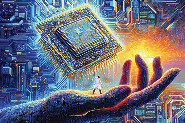 A surreal image of a scientist holding a glowing microchip.