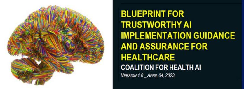Colorful digital brain next to text on trustworthy AI in healthcare.