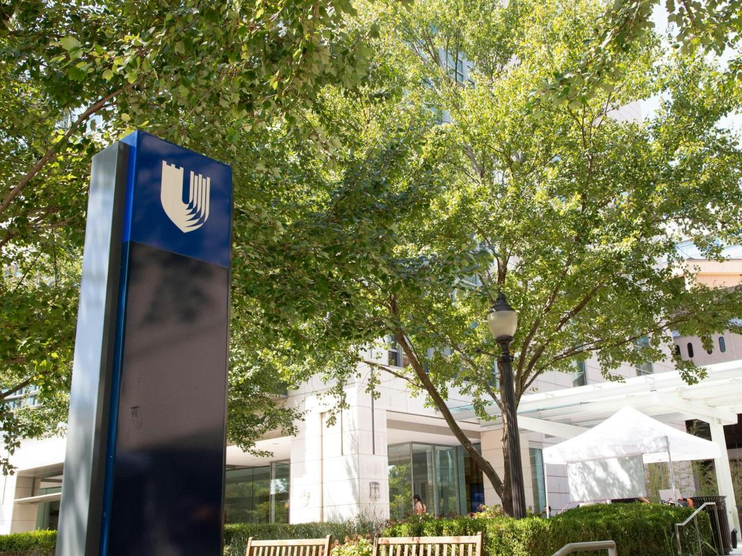 A pillar displaying the Duke University logo under a large green tree on the Duke campus