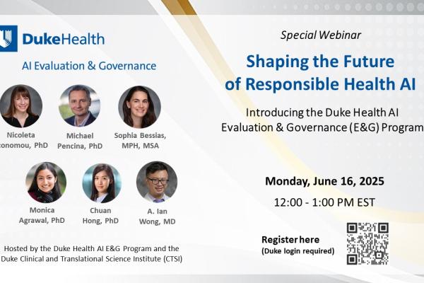 A Webinar flyer for Duke Health AI Evaluation & Governance Program’s new website launch titled ‘Shaping the Future of Responsible Health AI’ 