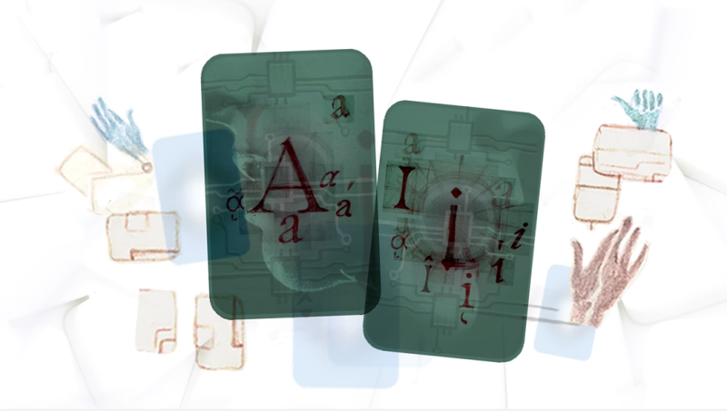 Abstract design featuring letters, circuit imagery, and illustrated hands.