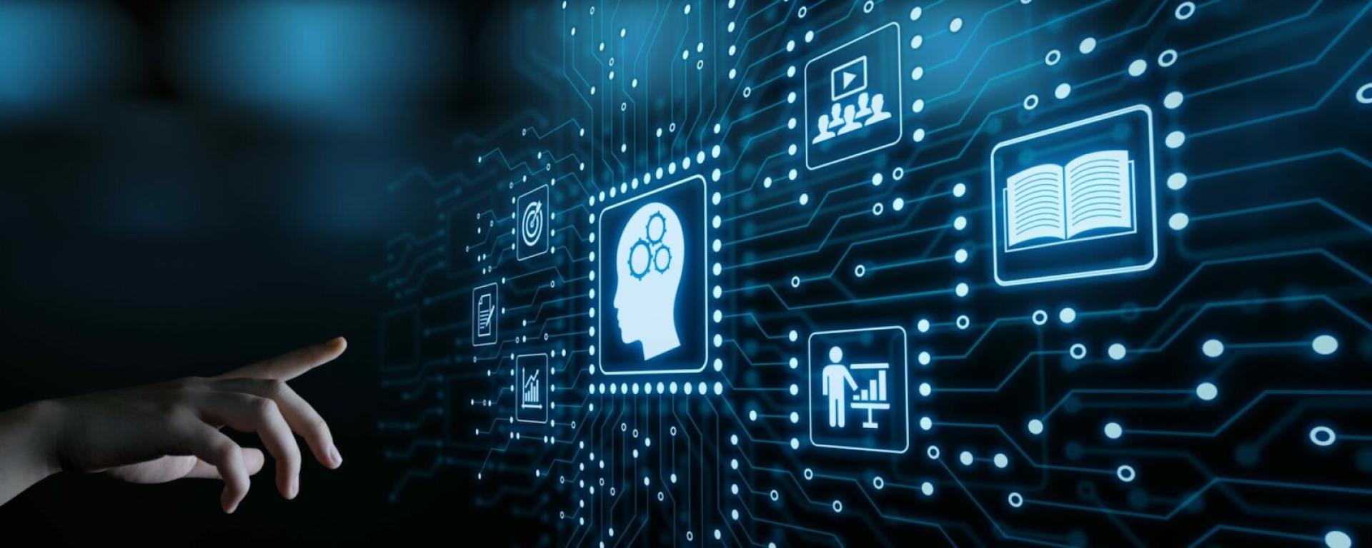 Hand pointing at a digital interface with knowledge management icons.