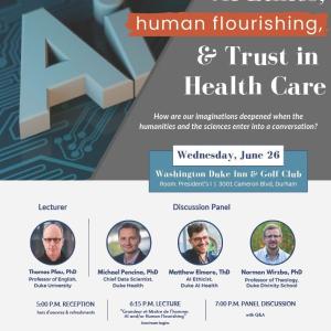 Ad for Al Ethics, human flourishing, & Trust in Health Care event