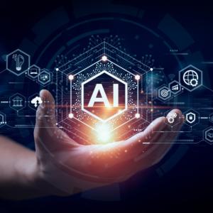 Hand supporting the word "AI"