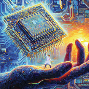 A surreal image of a scientist holding a glowing microchip.