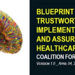 Colorful digital brain next to text on trustworthy AI in healthcare.