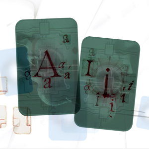 Abstract design featuring letters, circuit imagery, and illustrated hands.