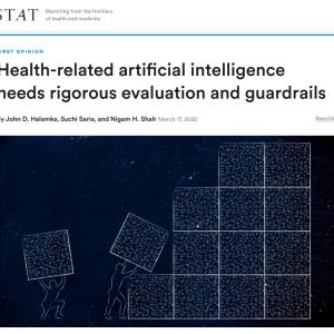 Illustration of figures stacking AI data blocks to form a structure.