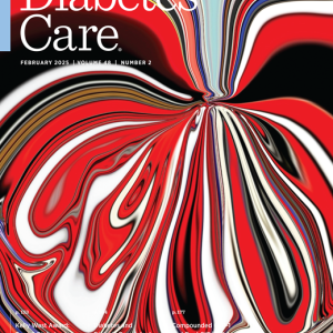 The latest cover of the Diabetes Care Journal showing red and black abstract art